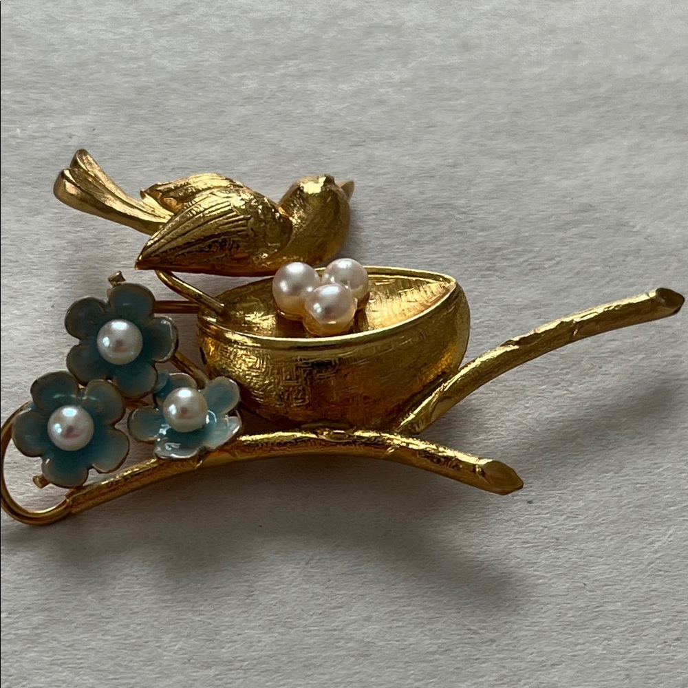 12k GF Gold Bird Brooch with Blue Flowers . Marked, but can’t read. See pics